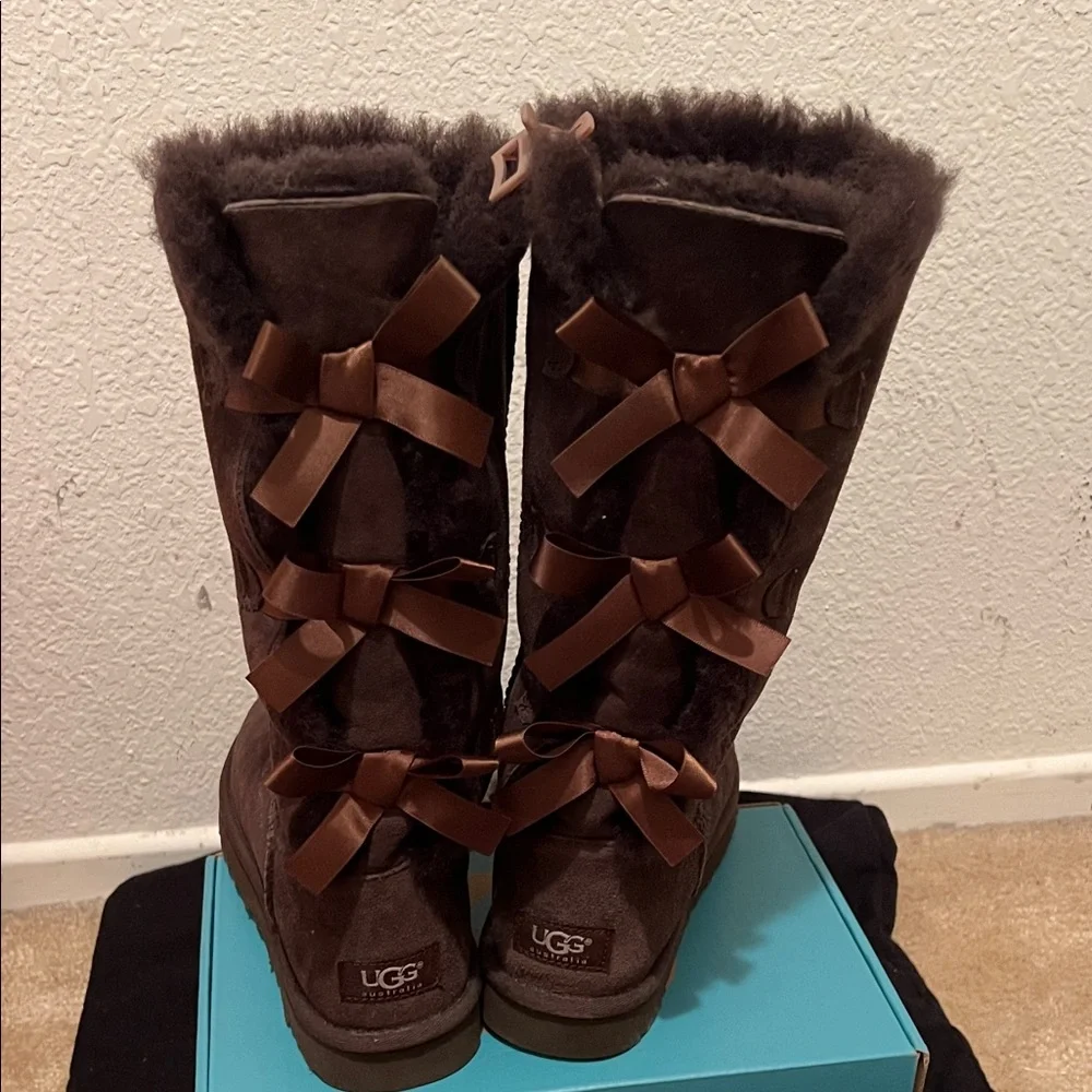 UGG Chocolate Suede Boots with Ribbon Accents - Picture 3 of 3